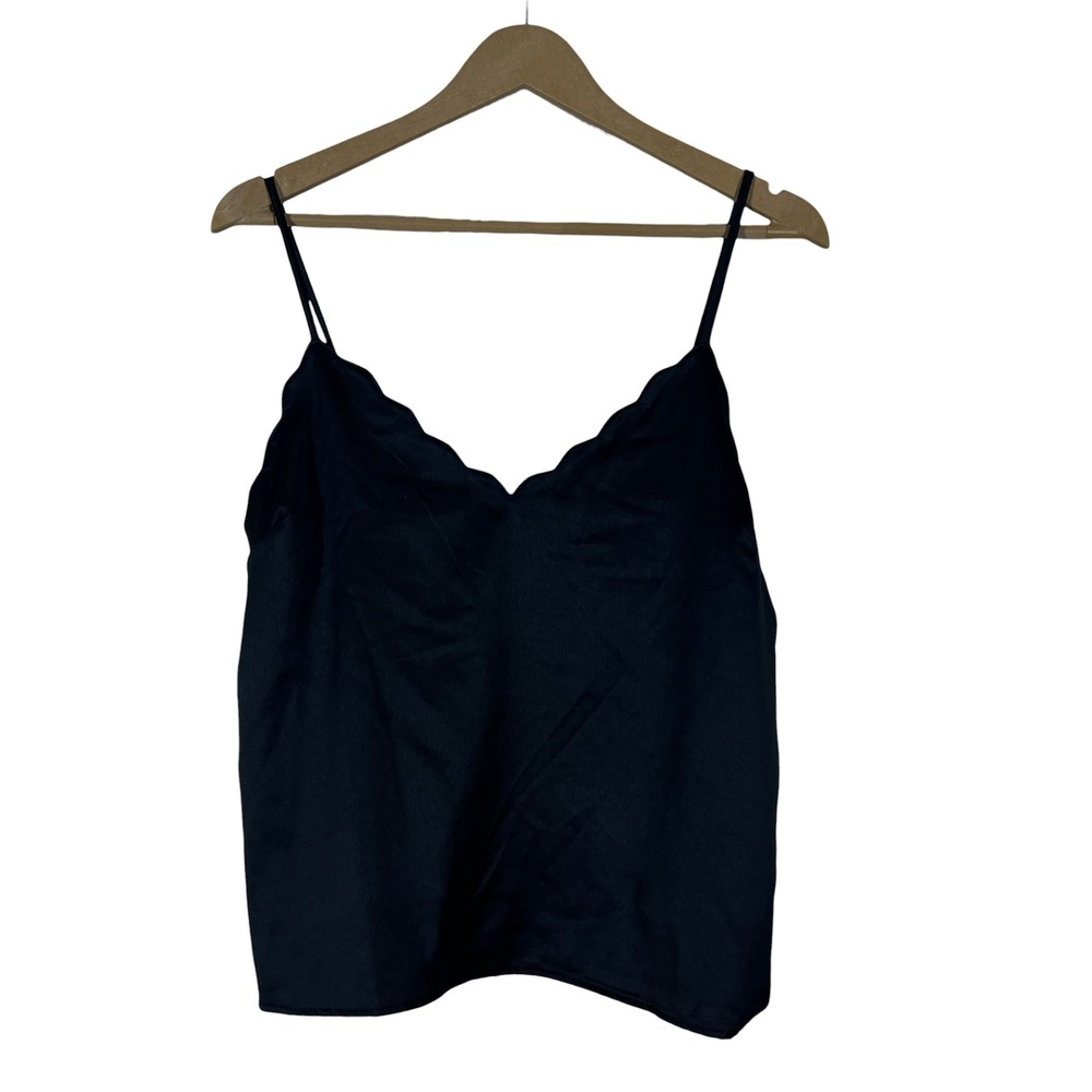 NWT Iris Scalloped Solid Satin Cami Tank Top Black Minimalist Chic Size L